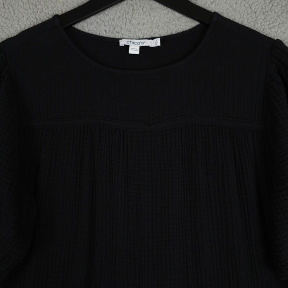 Chicos Dress Womens 2 US 12 Black Gauze Tiered Midi Puff Sleeve Casual Coastal - Picture 8 of 10